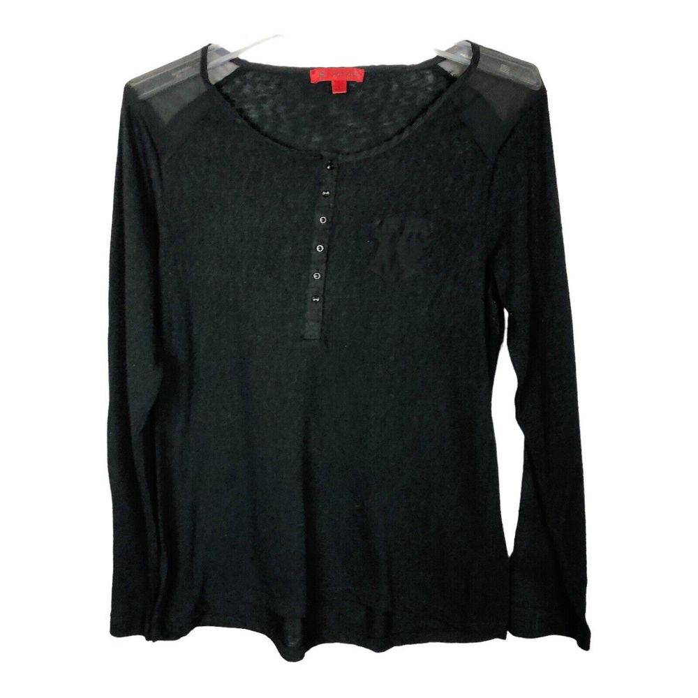 Hot Kiss Women’s Jr. Sz. L Black Stretch Popover Top with Roll Tab Long Sleeves